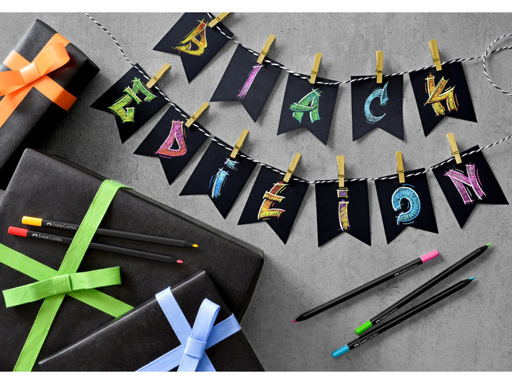 Faber-Castell Black Edition Colour Pencils displayed with colourful artwork created on black paper, showcasing the rich pigmentation and super-soft leads designed to produce vibrant colours on dark, coloured and light paper surfaces.