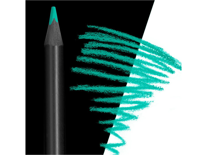 Close-up of a Faber-Castell Black Edition Colour Pencil showing the black wood barrel, super-soft turquoise colour lead and vibrant colour laydown on both black and white paper, demonstrating its suitability for drawing and colouring on dark, coloured and light surfaces.