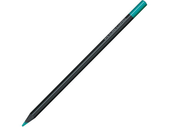 Close-up of a Faber-Castell Black Edition Colour Pencil featuring a black wood barrel, super-soft turquoise colour lead and colour-dipped end, designed for smooth colour application, drawing and colouring on light, coloured and dark paper.