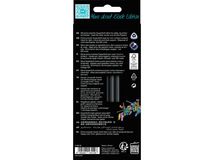 Rear of Faber-Castell Black Edition Colour Pencils cardboard box of 12 showing product information, QR code, FSC certification, break-resistant lead and triangular barrel icons, multilingual descriptions and artwork examples demonstrating the super-soft colour leads on light, coloured and dark paper.