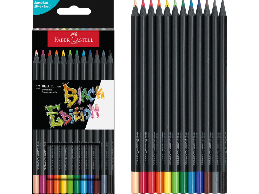 Faber-Castell Black Edition Colour Pencils cardboard box of 12 featuring twelve vibrant coloured pencils with black wood barrels and colour-dipped ends, designed with super-soft leads for smooth colour laydown on light, coloured and dark paper.