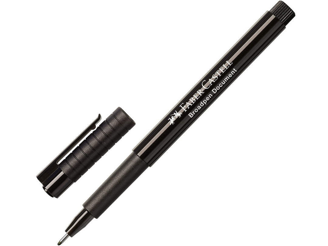 Faber-Castell Broadpen 1554 Fineliner in Black with cap removed, featuring a durable metal-clad 0.8mm tip, translucent barrel and document-proof ink for smooth everyday writing, note-taking, journaling and colour-coding.