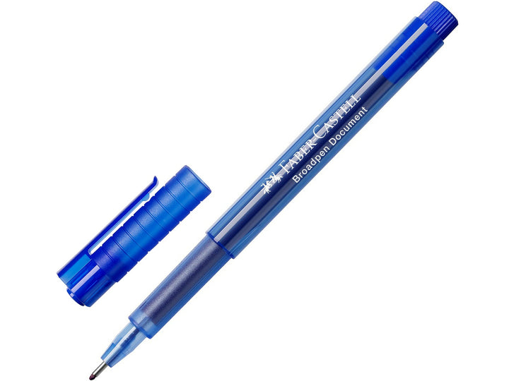 Faber-Castell Broadpen 1554 Fineliner in Blue with cap removed, featuring a durable metal-clad 0.8mm tip, translucent barrel and document-proof ink for smooth everyday writing, note-taking, journaling and colour-coding.