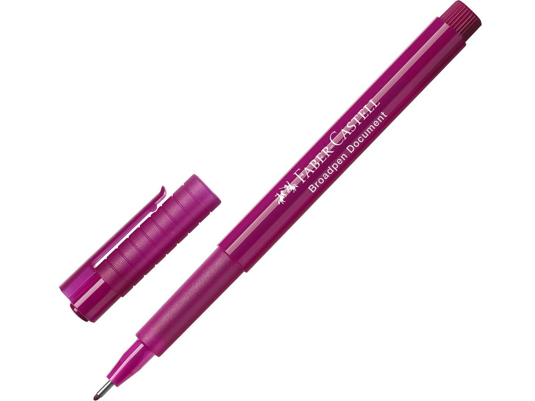 Faber-Castell Broadpen 1554 Fineliner in Magenta with cap removed, featuring a durable metal-clad 0.8mm tip, translucent barrel and document-proof ink for smooth everyday writing, note-taking, journaling and colour-coding.