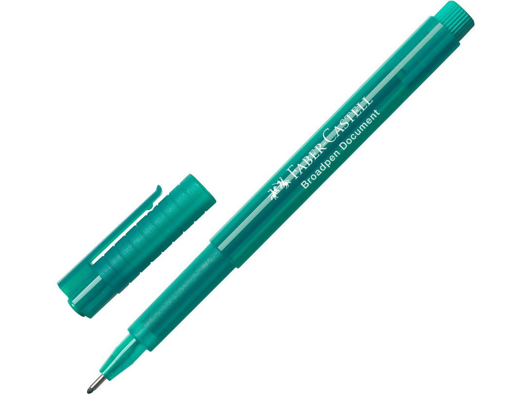 Faber-Castell Broadpen 1554 Fineliner in Turquoise with cap removed, featuring a durable metal-clad 0.8mm tip, translucent barrel and document-proof ink for smooth everyday writing, note-taking, journaling and colour-coding.