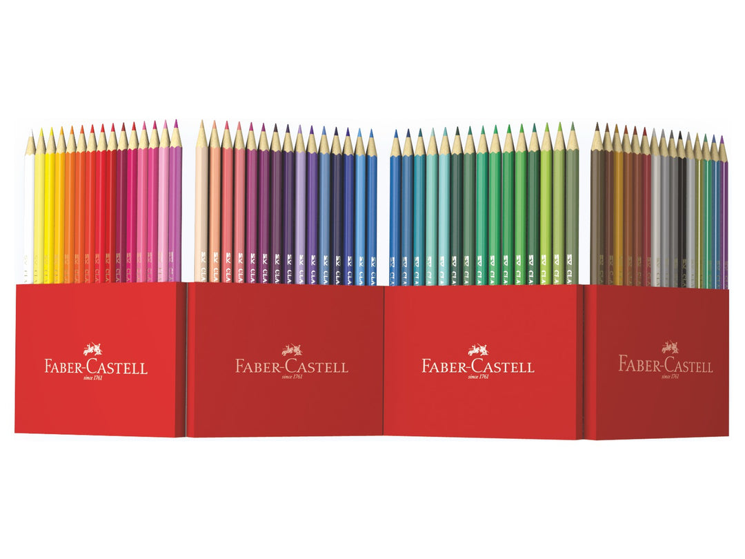Faber-Castell Classic Colour Colour Pencils Cardboard Wallet of 60 opened to display all 60 colour pencils arranged across three stand-up cardboard sections, featuring a wide range of standard, pastel, metallic and neon shades for colouring, drawing, sketching and creative artwork.