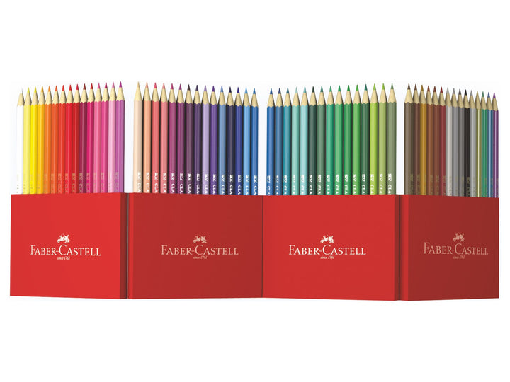 Faber-Castell Classic Colour Colour Pencils Cardboard Wallet of 60 opened to display all 60 colour pencils arranged across three stand-up cardboard sections, featuring a wide range of standard, pastel, metallic and neon shades for colouring, drawing, sketching and creative artwork.