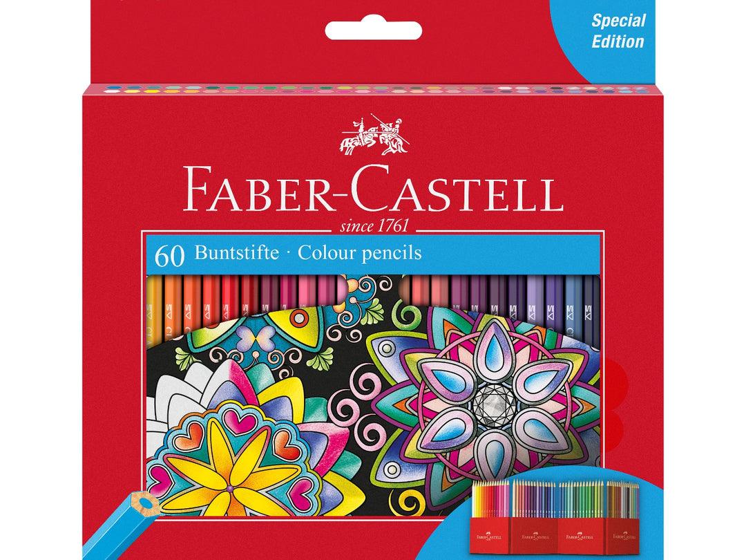 Faber-Castell Classic Colour Colour Pencils cardboard wallet of 60 featuring a wide range of vibrant colours, including neon, metallic and pastel shades, with break-resistant hexagonal pencils for colouring, drawing and creative artwork.