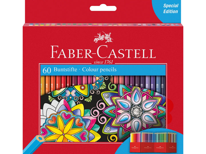 Faber-Castell Classic Colour Colour Pencils cardboard wallet of 60 featuring a wide range of vibrant colours, including neon, metallic and pastel shades, with break-resistant hexagonal pencils for colouring, drawing and creative artwork.