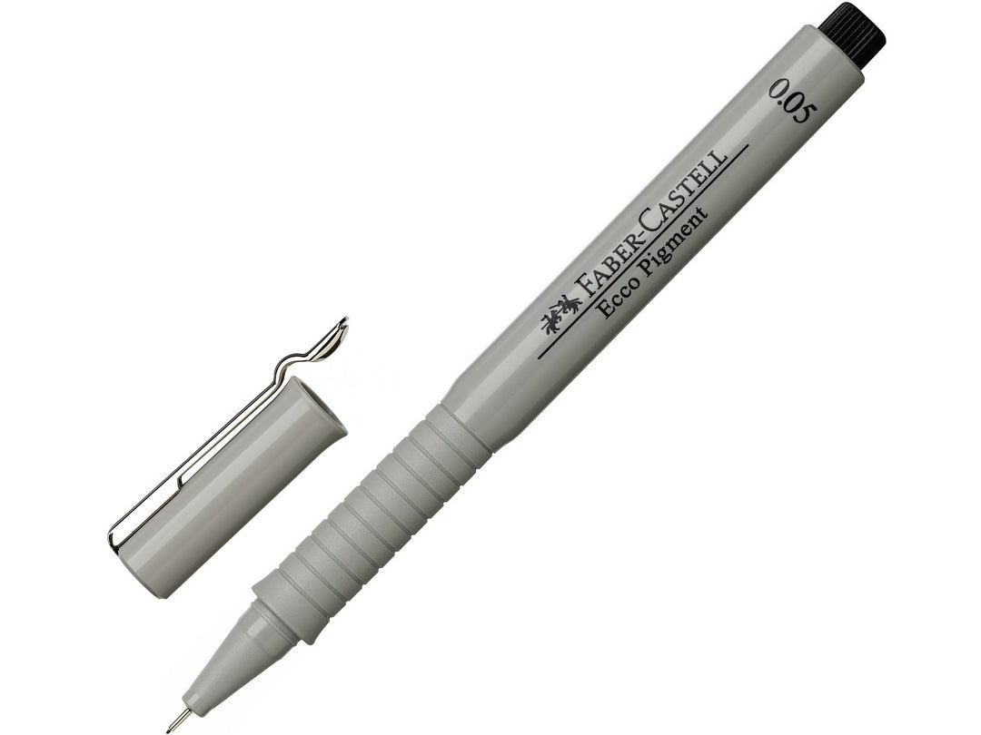 Faber-Castell Ecco Pigment Fineliner 0.05mm in Black with cap removed, featuring document-proof pigment ink, a durable metal-clad tip and ultra-fine 0.05mm line width for technical drawing, drafting, illustration, sketching and highly detailed writing.