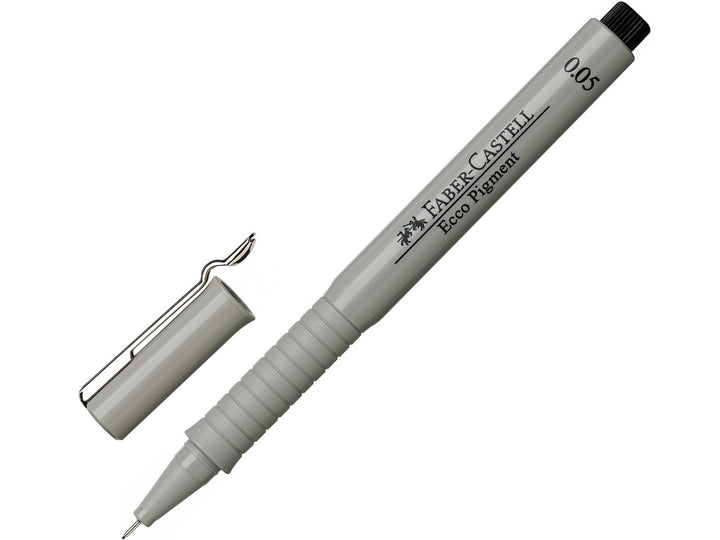 Faber-Castell Ecco Pigment Fineliner 0.05mm in Black with cap removed, featuring document-proof pigment ink, a durable metal-clad tip and ultra-fine 0.05mm line width for technical drawing, drafting, illustration, sketching and highly detailed writing.