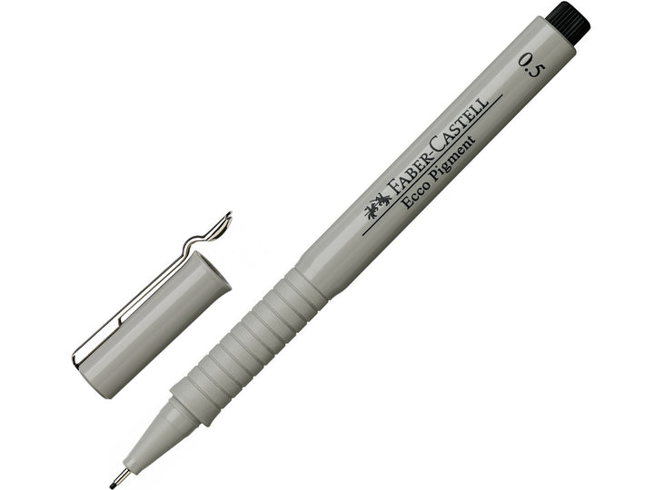 Faber-Castell Ecco Pigment Fineliner 0.5mm in Black with cap removed, featuring document-proof pigment ink, a durable metal-clad tip and precise 0.5mm line width for technical drawing, drafting, illustration, sketching and detailed writing.