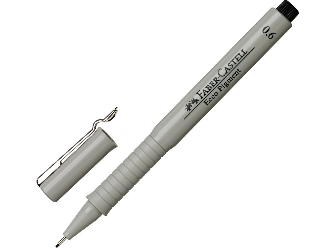 Faber-Castell Ecco Pigment Fineliner 0.6mm in Black with cap removed, featuring document-proof pigment ink, a durable metal-clad tip and precise 0.6mm line width for technical drawing, drafting, illustration, sketching and detailed writing.