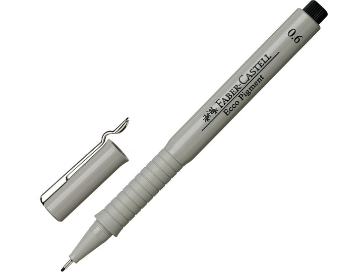 Faber-Castell Ecco Pigment Fineliner 0.6mm in Black with cap removed, featuring document-proof pigment ink, a durable metal-clad tip and precise 0.6mm line width for technical drawing, drafting, illustration, sketching and detailed writing.