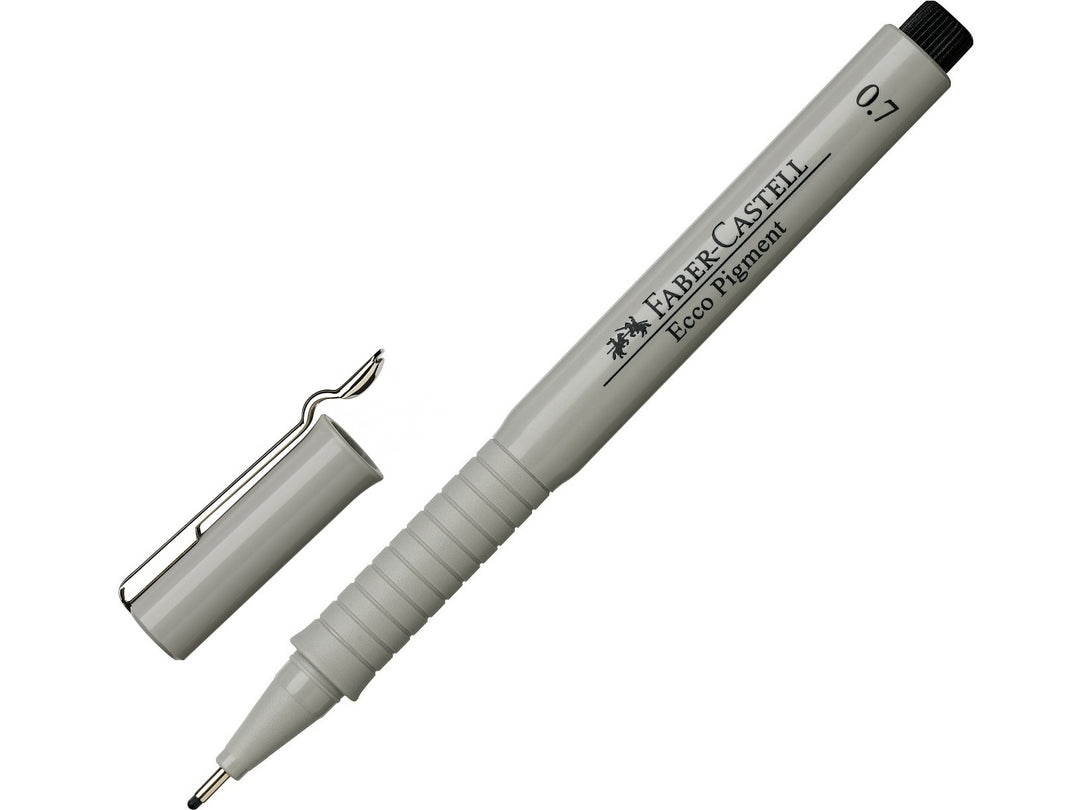 Faber-Castell Ecco Pigment Fineliner 0.7mm in Black with cap removed, featuring document-proof pigment ink, a durable metal-clad tip and precise 0.7mm line width for technical drawing, drafting, illustration, sketching and detailed writing.