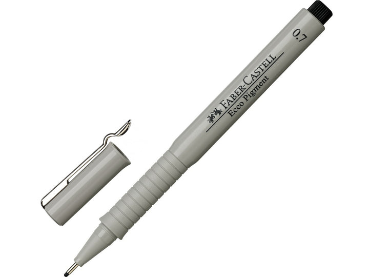 Faber-Castell Ecco Pigment Fineliner 0.7mm in Black with cap removed, featuring document-proof pigment ink, a durable metal-clad tip and precise 0.7mm line width for technical drawing, drafting, illustration, sketching and detailed writing.