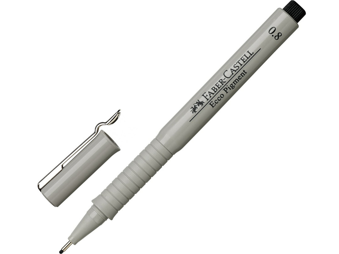 Faber-Castell Ecco Pigment Fineliner 0.8mm in Black with cap removed, featuring document-proof pigment ink, a durable metal-clad tip and precise 0.8mm line width for technical drawing, drafting, illustration, sketching and detailed writing.