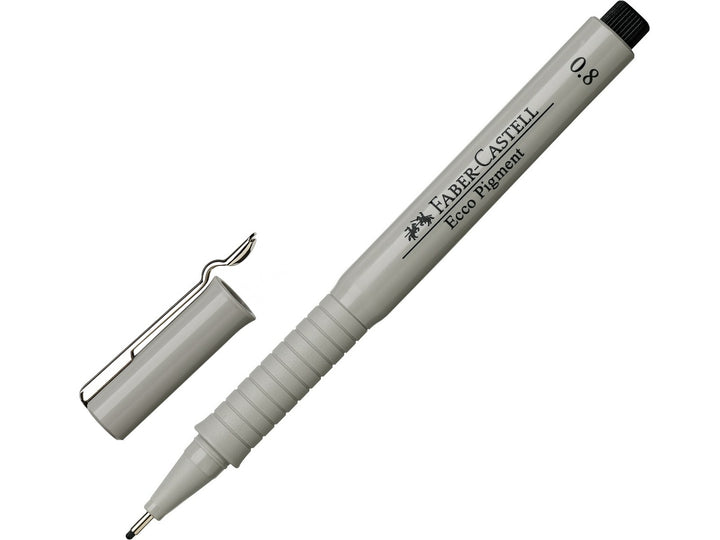 Faber-Castell Ecco Pigment Fineliner 0.8mm in Black with cap removed, featuring document-proof pigment ink, a durable metal-clad tip and precise 0.8mm line width for technical drawing, drafting, illustration, sketching and detailed writing.