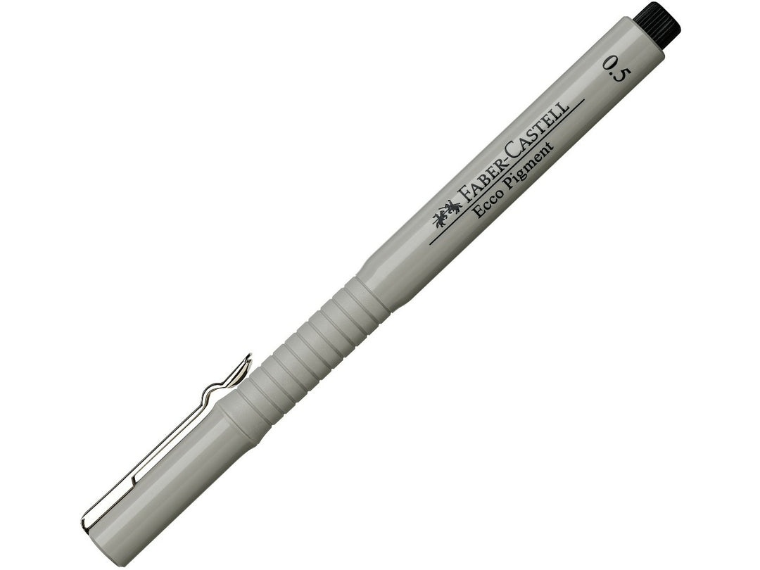 Faber-Castell Ecco Pigment Fineliner 0.5mm in Black with cap fitted, featuring document-proof pigment ink, a durable metal-clad tip and precise 0.5mm line width for technical drawing, drafting, illustration, sketching and detailed writing.