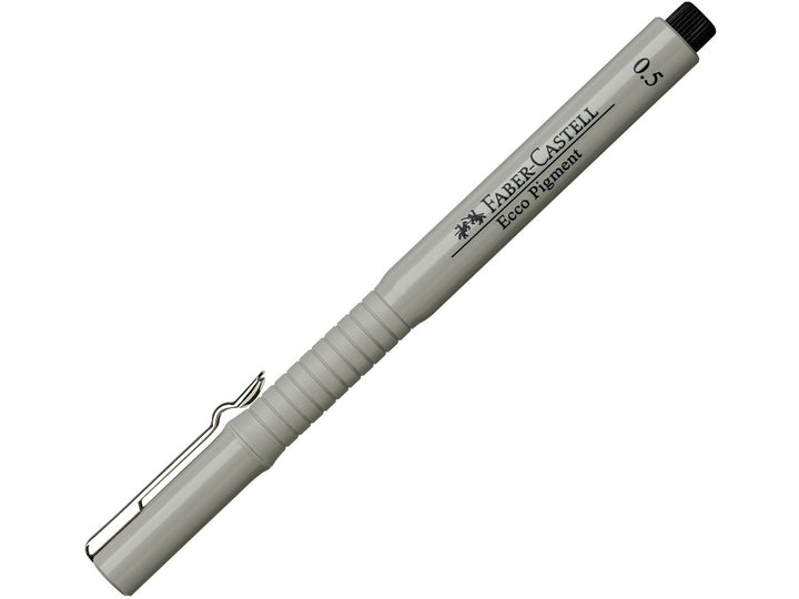 Faber-Castell Ecco Pigment Fineliner 0.5mm in Black with cap fitted, featuring document-proof pigment ink, a durable metal-clad tip and precise 0.5mm line width for technical drawing, drafting, illustration, sketching and detailed writing.