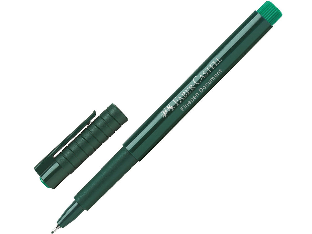 Faber-Castell Finepen 1511 Fineliner 0.4mm in Green with cap removed, featuring a durable metal-clad tip, smooth water-based ink and precise 0.4mm line width for note-taking, journaling, colour-coding and everyday writing.