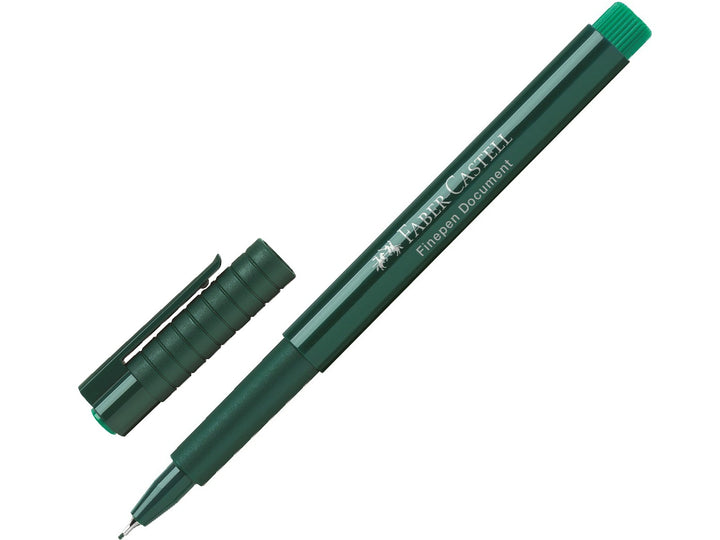Faber-Castell Finepen 1511 Fineliner 0.4mm in Green with cap removed, featuring a durable metal-clad tip, smooth water-based ink and precise 0.4mm line width for note-taking, journaling, colour-coding and everyday writing.