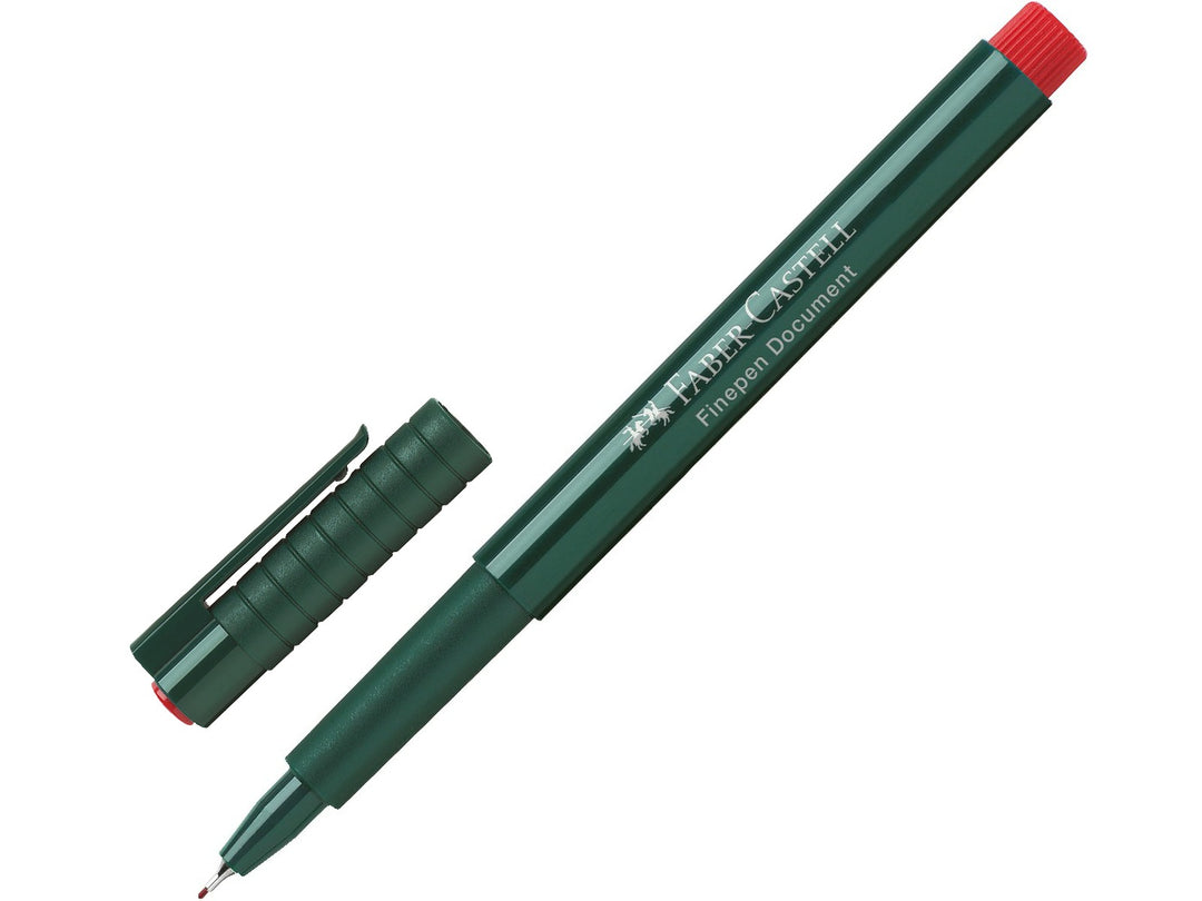 Faber-Castell Finepen 1511 Fineliner 0.4mm in Red with cap removed, featuring a durable metal-clad tip, smooth water-based ink and precise 0.4mm line width for note-taking, journaling, colour-coding and everyday writing.