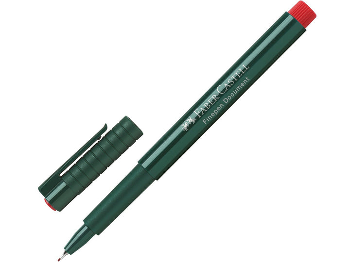 Faber-Castell Finepen 1511 Fineliner 0.4mm in Red with cap removed, featuring a durable metal-clad tip, smooth water-based ink and precise 0.4mm line width for note-taking, journaling, colour-coding and everyday writing.