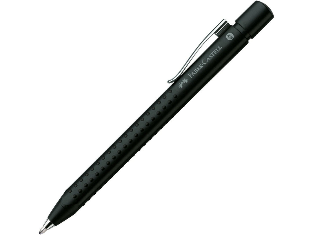 Faber-Castell Grip 2011 Ballpoint Pen XB in Matt Black featuring an ergonomic triangular barrel, patented soft-grip dots, sturdy metal pocket clip and smooth extra broad blue ink for comfortable everyday writing, note-taking and office use.