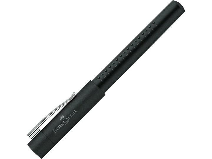 Faber-Castell Grip 2011 Fountain Pen in Black with cap fitted, featuring an ergonomic triangular barrel with patented Grip dots, durable metal pocket clip and contemporary matte black finish for comfortable everyday handwriting, journaling, note-taking and professional writing.