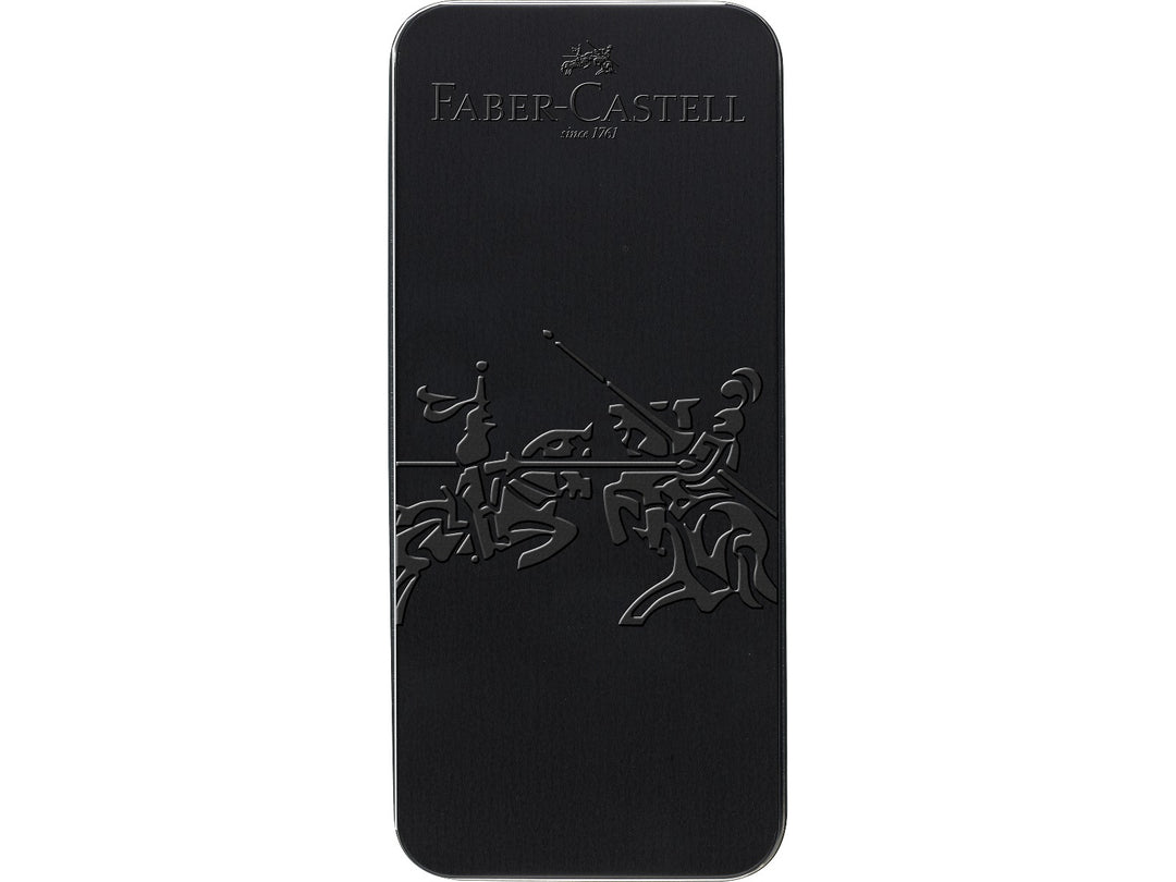 Front of Faber-Castell Grip 2011 Fountain Pen Gift Set Black 2 Pieces presentation tin, featuring the embossed Faber-Castell logo and jousting crest design on a premium black metal gift box designed to house the matching fountain pen and ballpoint pen set.