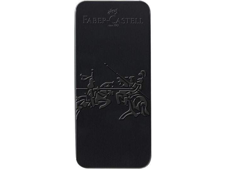 Front of Faber-Castell Grip 2011 Fountain Pen Gift Set Black 2 Pieces presentation tin, featuring the embossed Faber-Castell logo and jousting crest design on a premium black metal gift box designed to house the matching fountain pen and ballpoint pen set.