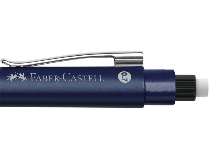 Close-up of the push-button eraser on a Faber-Castell Grip 2011 Mechanical Pencil 0.7mm in Classic Blue, featuring an integrated replaceable eraser, metal pocket clip and ergonomic triangular barrel with patented soft-grip dots.