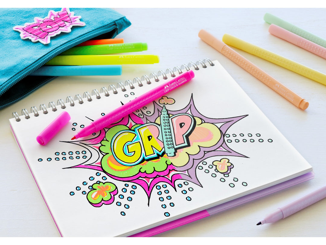 Faber-Castell Grip Colour Markers Neon &amp; Pastel Colours Set of 10 being used to create colourful artwork in a sketchbook, featuring neon and pastel felt tip pens with ergonomic triangular barrels, patented grip zones and bright washable inks for colouring, drawing and creative projects.