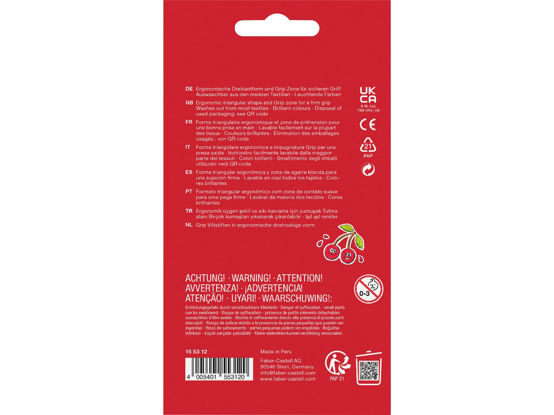 Rear of Faber-Castell Grip Colour Markers Neon &amp; Pastel Colours Set of 10 packaging showing product information, ergonomic triangular barrel and Grip zone details, washable ink features, safety information, recycling symbols, QR code and manufacturer details.