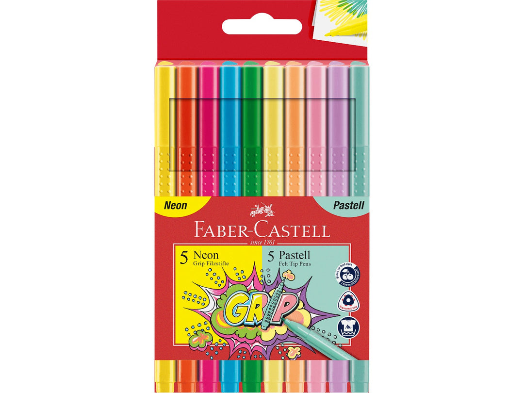Faber-Castell Grip Colour Markers Neon & Pastel Colours Set of 10 featuring five neon and five pastel felt tip pens with ergonomic triangular barrels, patented grip zones and washable bright-colour inks.