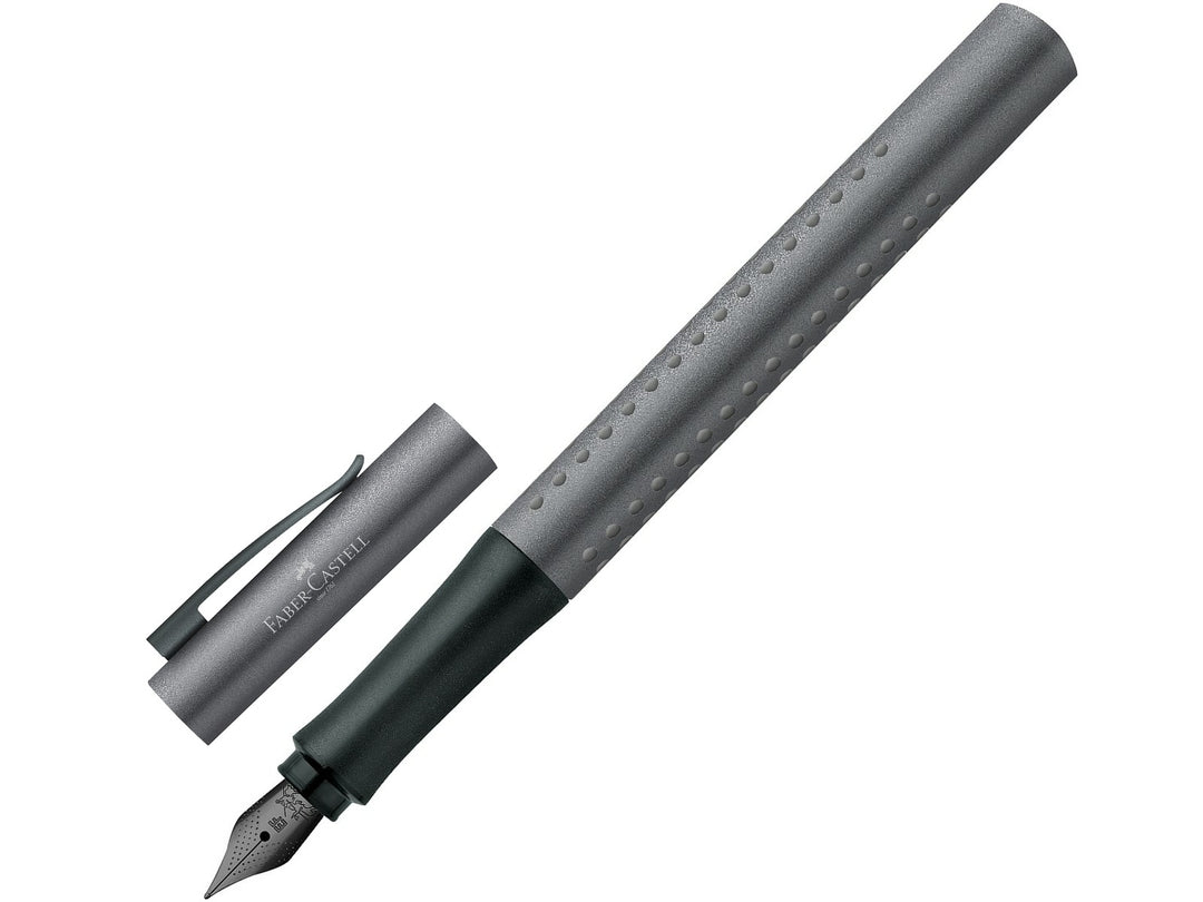 Faber-Castell Grip Edition Fountain Pen EF in Anthracite with cap removed, featuring an ergonomic non-slip grip dot design, durable stainless steel nib, metal pocket clip and modern textured barrel finish for smooth everyday handwriting, journaling, note-taking and professional writing.