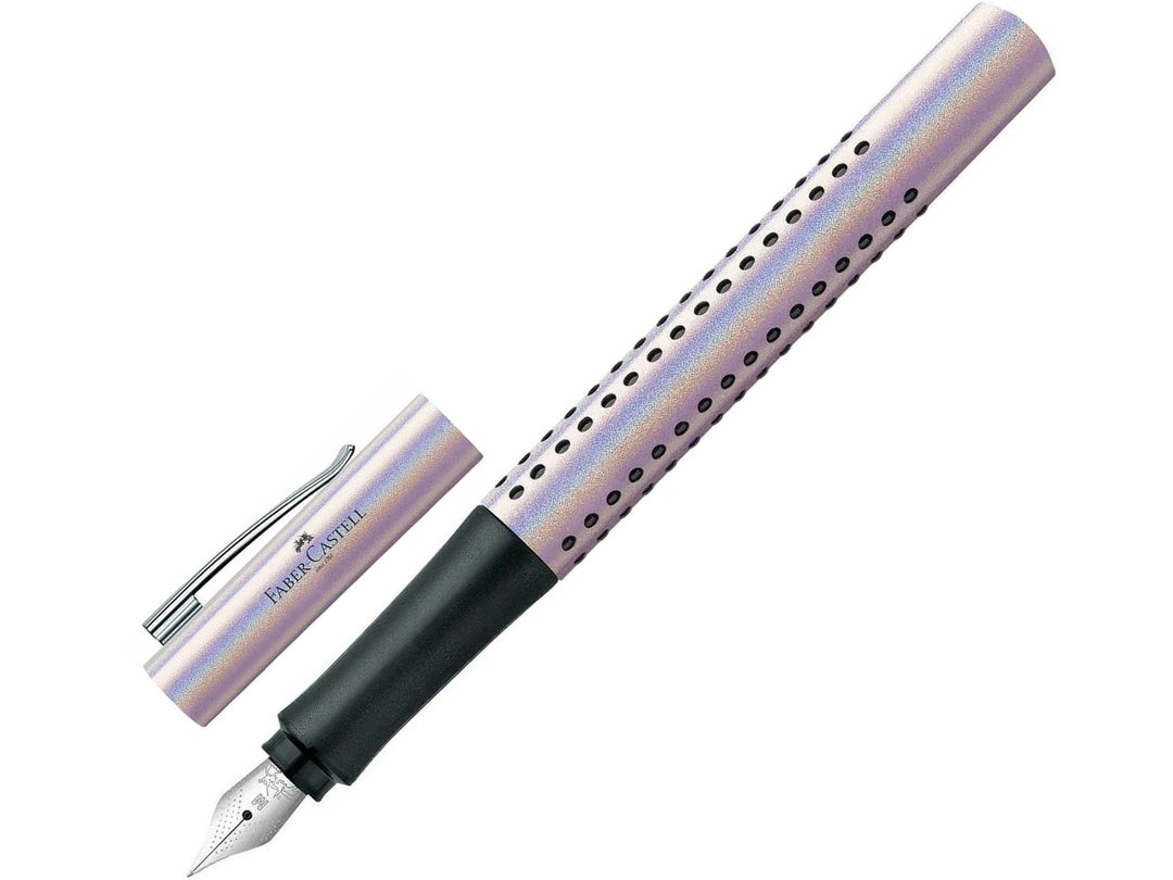 Faber-Castell Grip Edition Glam Fountain Pen in Pearl with cap removed, featuring a shimmering pearlescent barrel with ergonomic Grip dots, durable stainless steel nib, metal pocket clip and comfortable design for everyday handwriting, journaling, note-taking and professional writing.