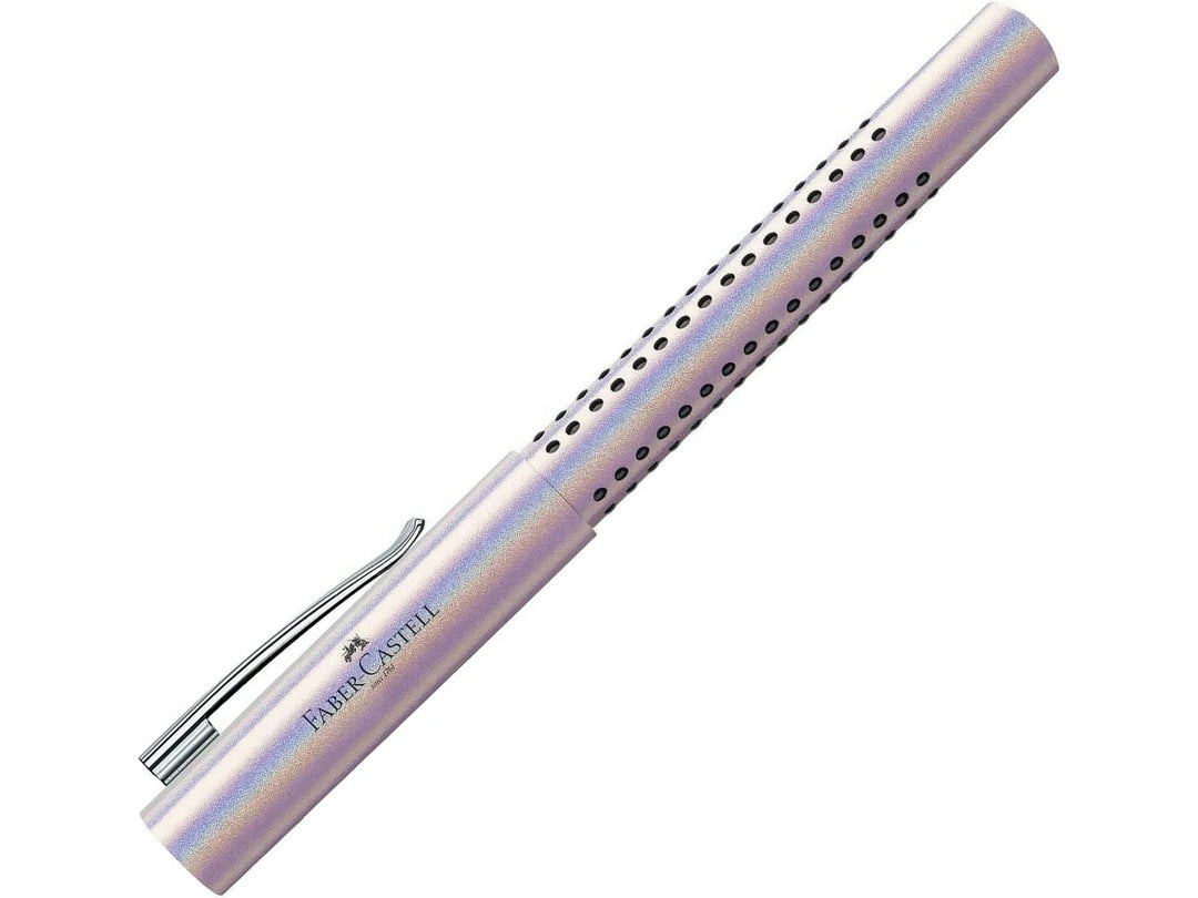 Faber-Castell Grip Edition Glam Fountain Pen in Pearl with cap fitted, featuring a shimmering pearlescent barrel with ergonomic Grip dots, durable metal pocket clip and elegant lightweight design for everyday handwriting, journaling, note-taking and professional writing.