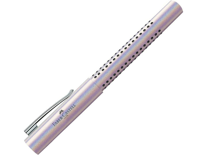 Faber-Castell Grip Edition Glam Fountain Pen in Pearl with cap fitted, featuring a shimmering pearlescent barrel with ergonomic Grip dots, durable metal pocket clip and elegant lightweight design for everyday handwriting, journaling, note-taking and professional writing.