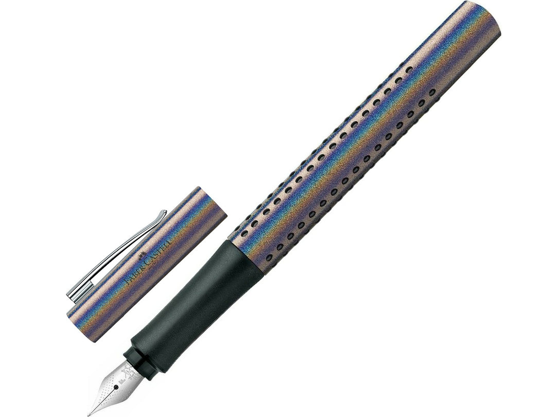 Faber-Castell Grip Edition Glam Fountain Pen in Silver with cap removed, featuring a shimmering metallic silver barrel with ergonomic Grip dots, durable stainless steel nib, metal pocket clip and comfortable lightweight design for everyday handwriting, journaling, note-taking and professional writing.