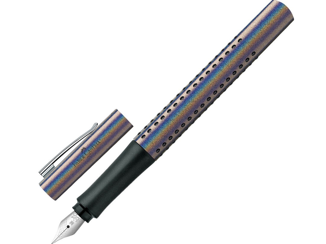 Faber-Castell Grip Edition Glam Fountain Pen in Silver with cap removed, featuring a shimmering metallic silver barrel with ergonomic Grip dots, durable stainless steel nib, metal pocket clip and comfortable lightweight design for everyday handwriting, journaling, note-taking and professional writing.