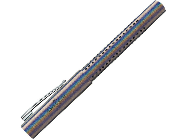 Faber-Castell Grip Edition Glam Fountain Pen in Silver with cap fitted, featuring a shimmering metallic silver barrel with ergonomic Grip dots, durable metal pocket clip and elegant lightweight design for everyday handwriting, journaling, note-taking and professional writing.
