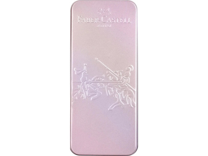 Front of the Faber-Castell Grip Edition Glam Writing Set Pearl presentation tin, featuring an elegant metallic pearl-pink finish with an embossed Faber-Castell logo and jousting crest design, supplied as the premium gift box for the matching fountain pen and ballpoint pen set.