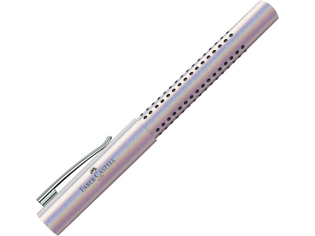 Faber-Castell Grip Edition Glam Ballpoint Pen in Pearl featuring a shimmering pearl-effect barrel with ergonomic Grip dots, retractable push-button mechanism, durable metal pocket clip and smooth everyday writing performance for note-taking, journaling and professional use.