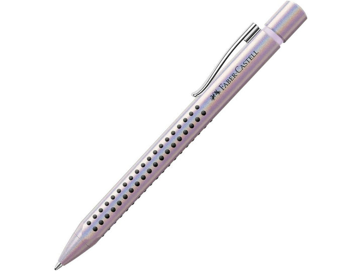 Faber-Castell Grip Edition Glam Ballpoint Pen in Pearl featuring a shimmering pearl-effect barrel with ergonomic Grip dots, retractable push-button mechanism, durable metal pocket clip and smooth everyday writing performance for note-taking, journaling and professional use.