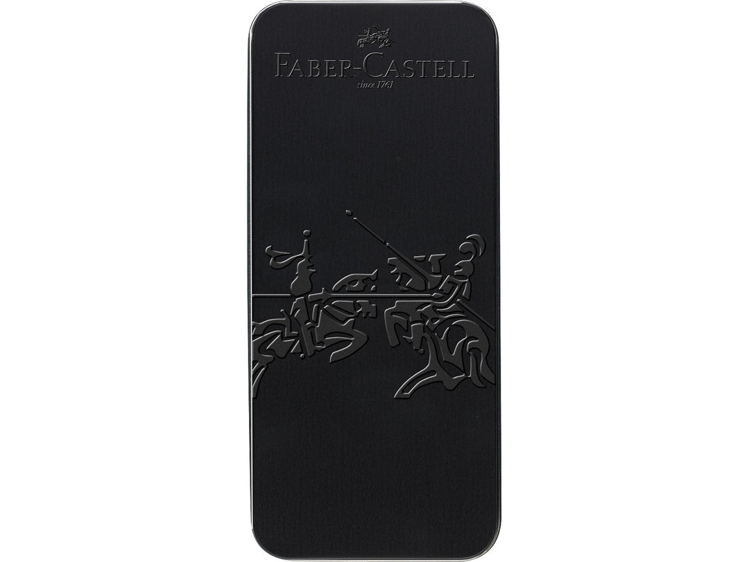 Front of the Faber-Castell Grip Edition Writing Gift Set Black presentation tin, featuring an embossed Faber-Castell logo, "Since 1761" branding and the iconic jousting crest design on a premium black metal gift box supplied with the matching fountain pen and ballpoint pen writing set.