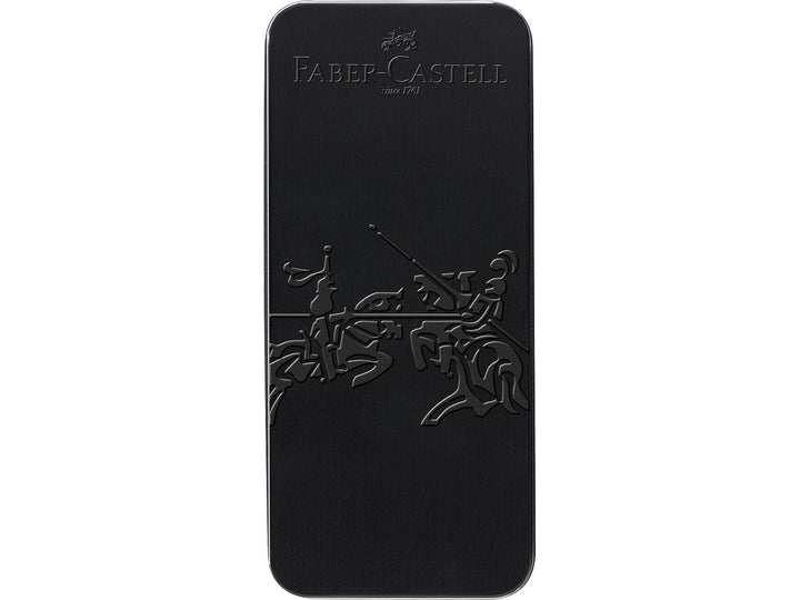 Front of the Faber-Castell Grip Edition Writing Gift Set Black presentation tin, featuring an embossed Faber-Castell logo, "Since 1761" branding and the iconic jousting crest design on a premium black metal gift box supplied with the matching fountain pen and ballpoint pen writing set.