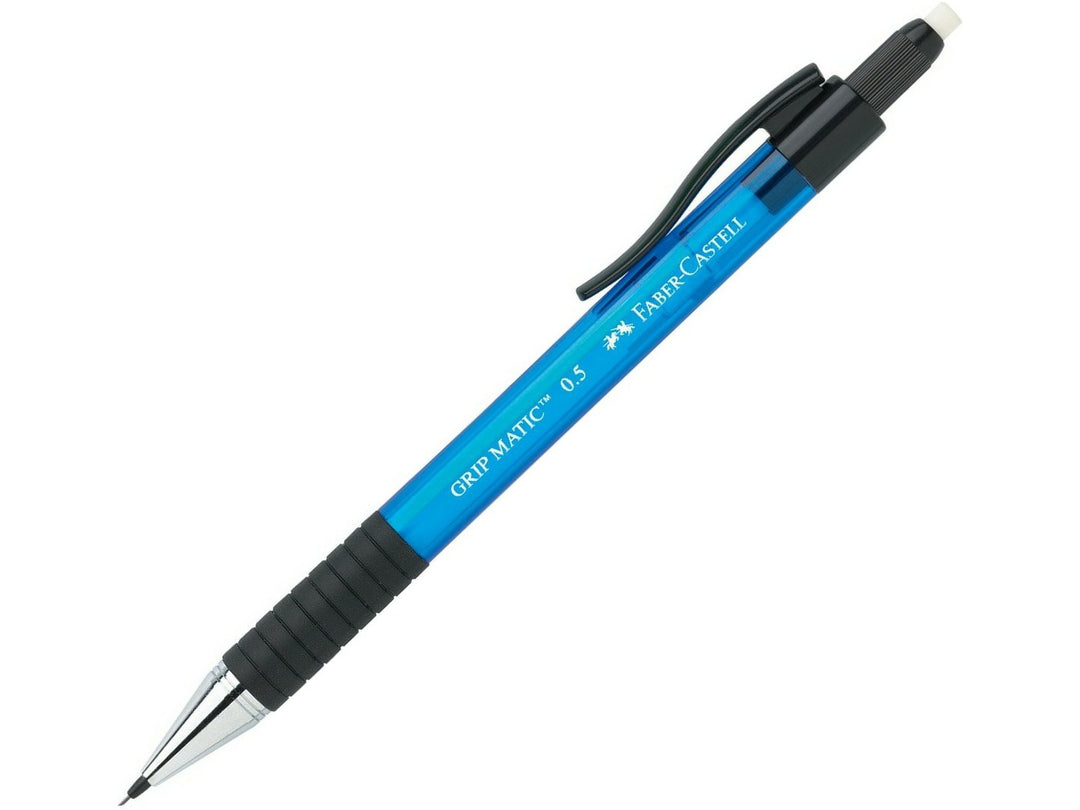 Faber-Castell Grip Matic 1375 Mechanical Pencil 0.5mm in Blue featuring an automatic lead advance mechanism, comfortable rubber grip zone, integrated twist-out eraser, retractable lead sleeve and translucent barrel for precise everyday writing, note-taking and technical drawing.