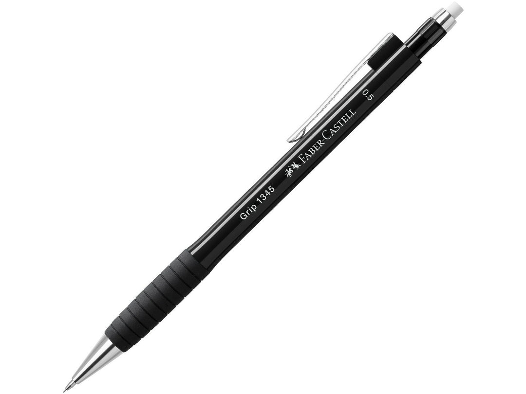 Faber-Castell Grip 1345 Mechanical Pencil 0.5mm in Black featuring a cushioned lead sleeve to reduce breakage, non-slip rubber grip zone, retractable lead mechanism, metal pocket clip and extra-long twist-out eraser for precise everyday writing, note-taking and drawing.